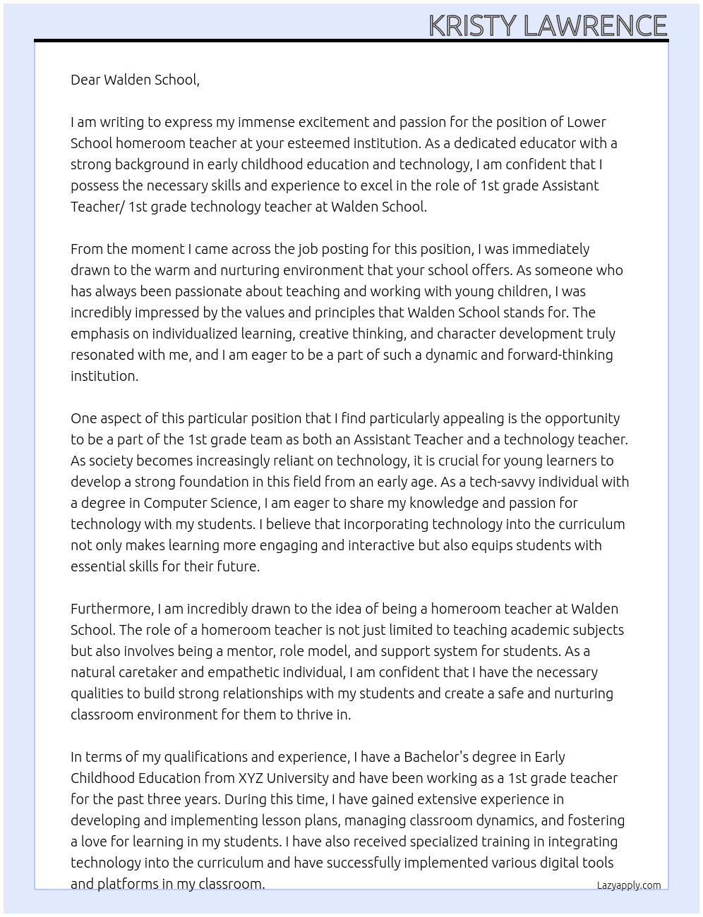 1st grade Assistant Teacher/ 1st grade technology teacher At Lower School homeroom teacher Cover Letter