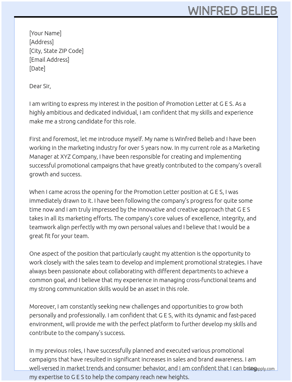 PROMOTION LETER At G E S Cover Letter