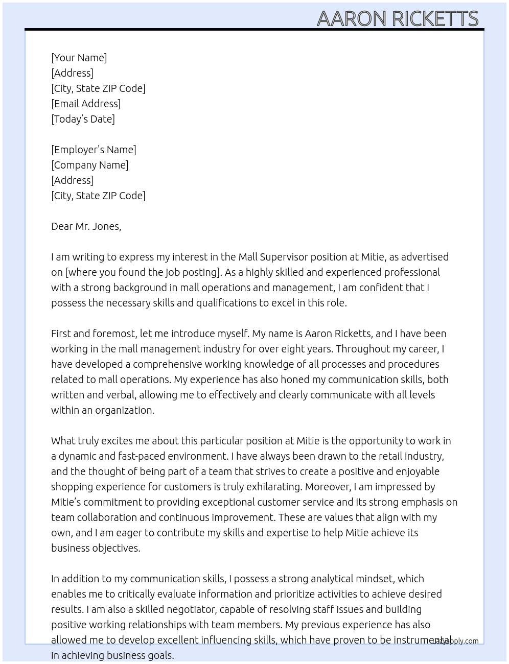 Mall supervisor  At Mitie Cover Letter
