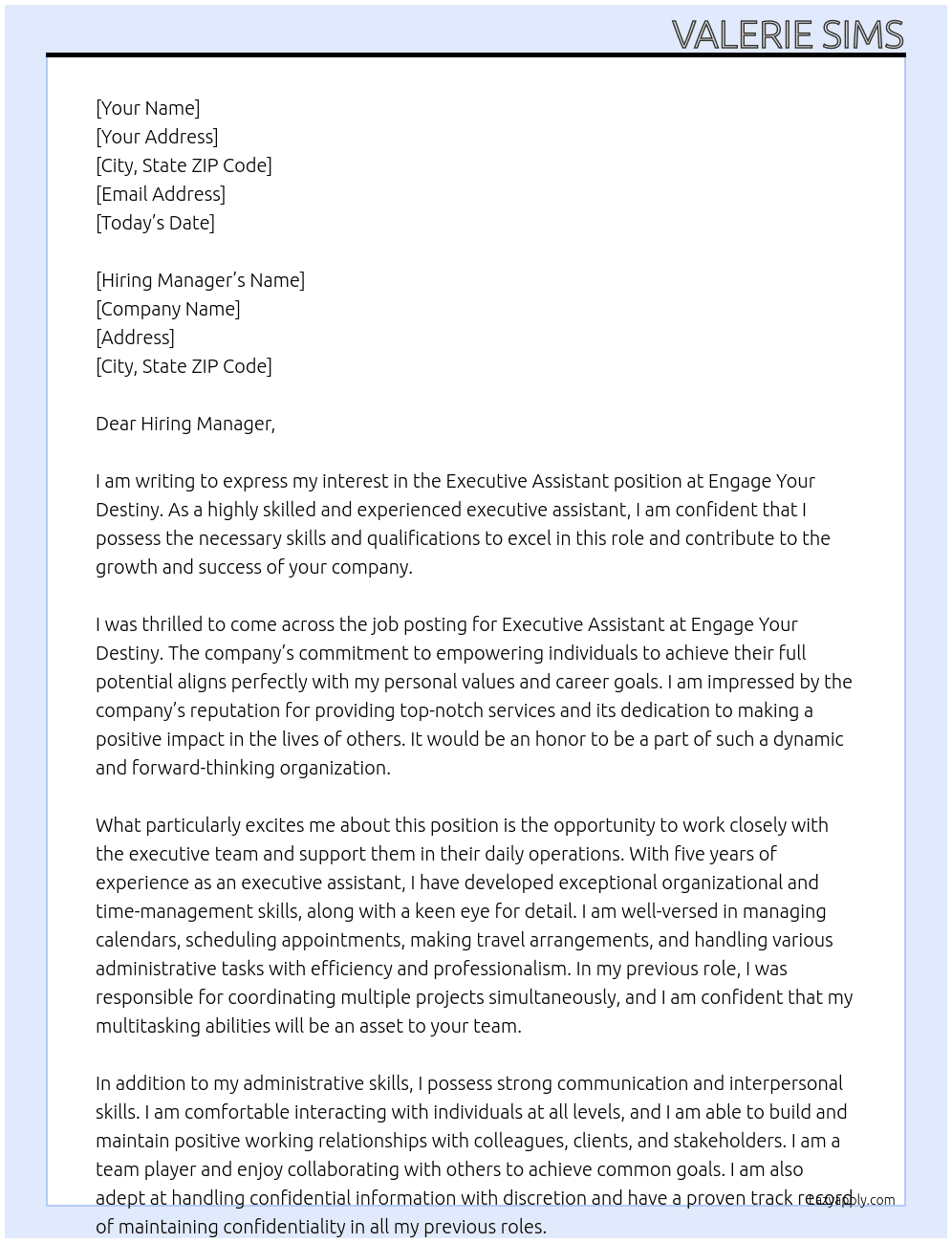 Executive assistant At Engage Your Destiny Cover Letter