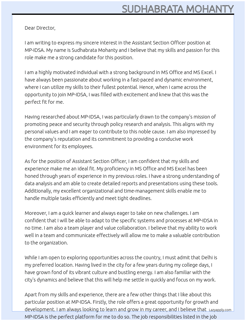 Assistant Section Officer At MP-IDSA Cover Letter