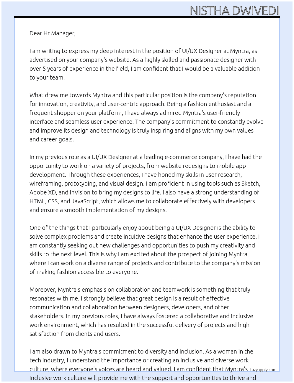 ui/ux At Myntra Cover Letter