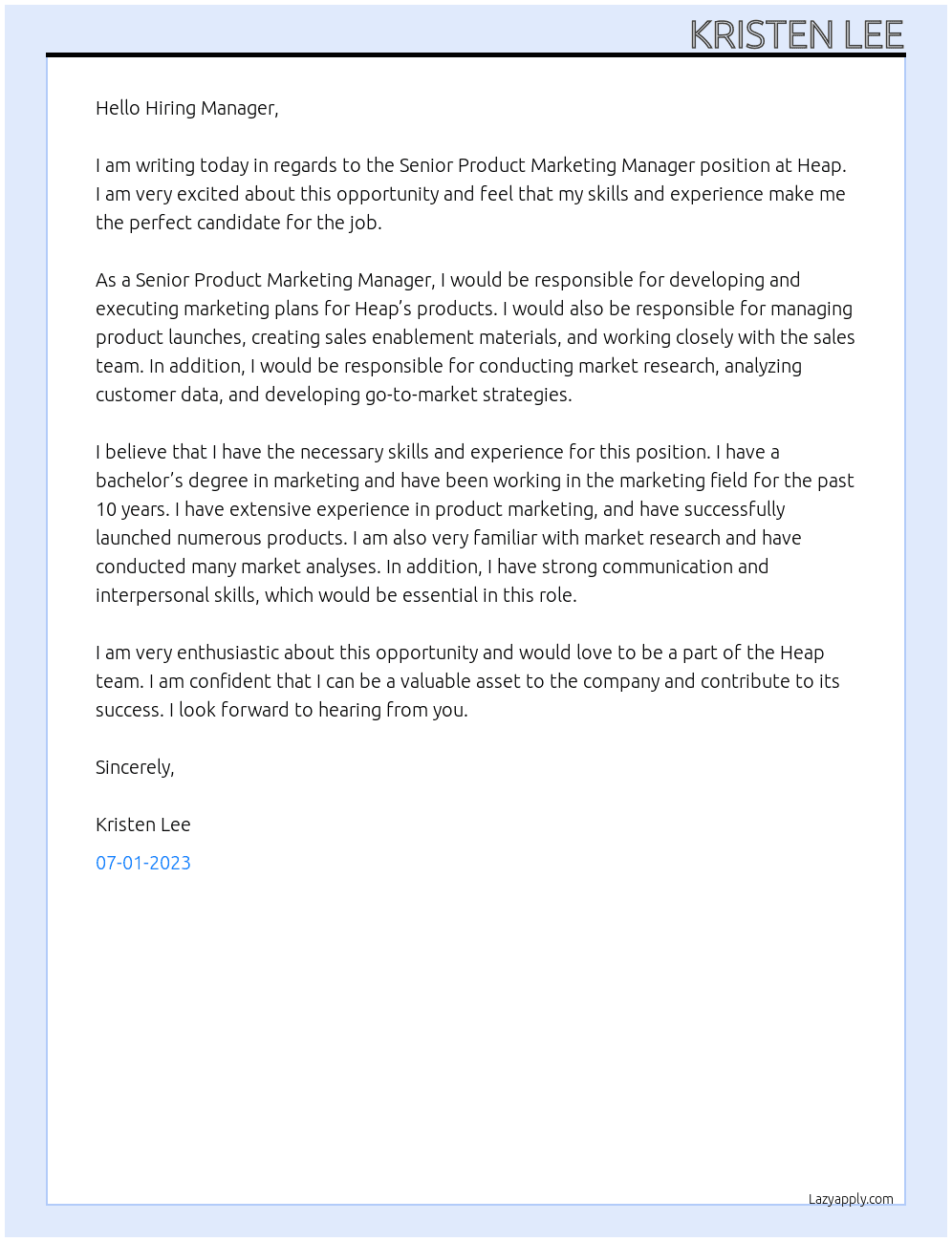 Senior Product Marketing Manager At Heap  Cover Letter