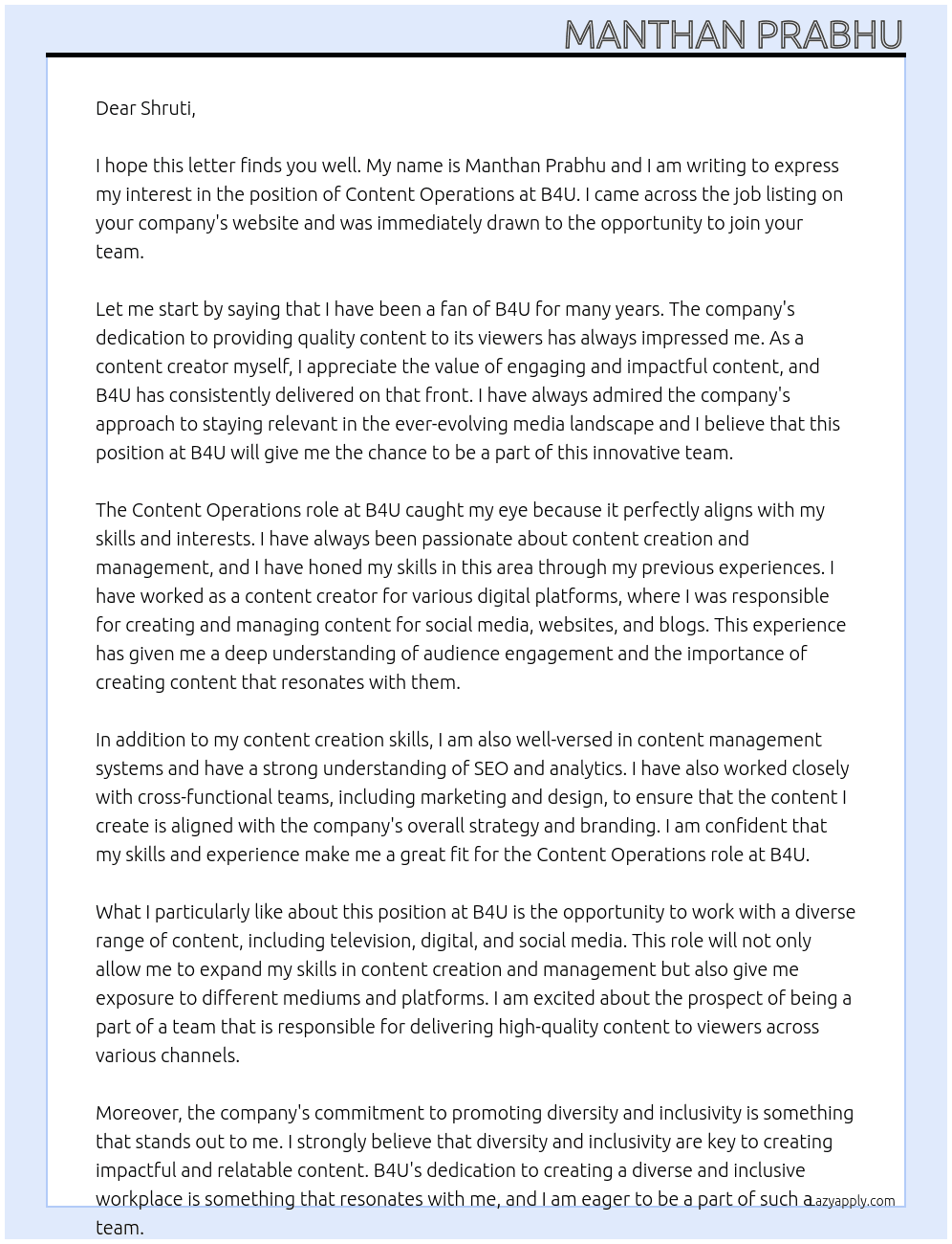Content operations At B4U  Cover Letter