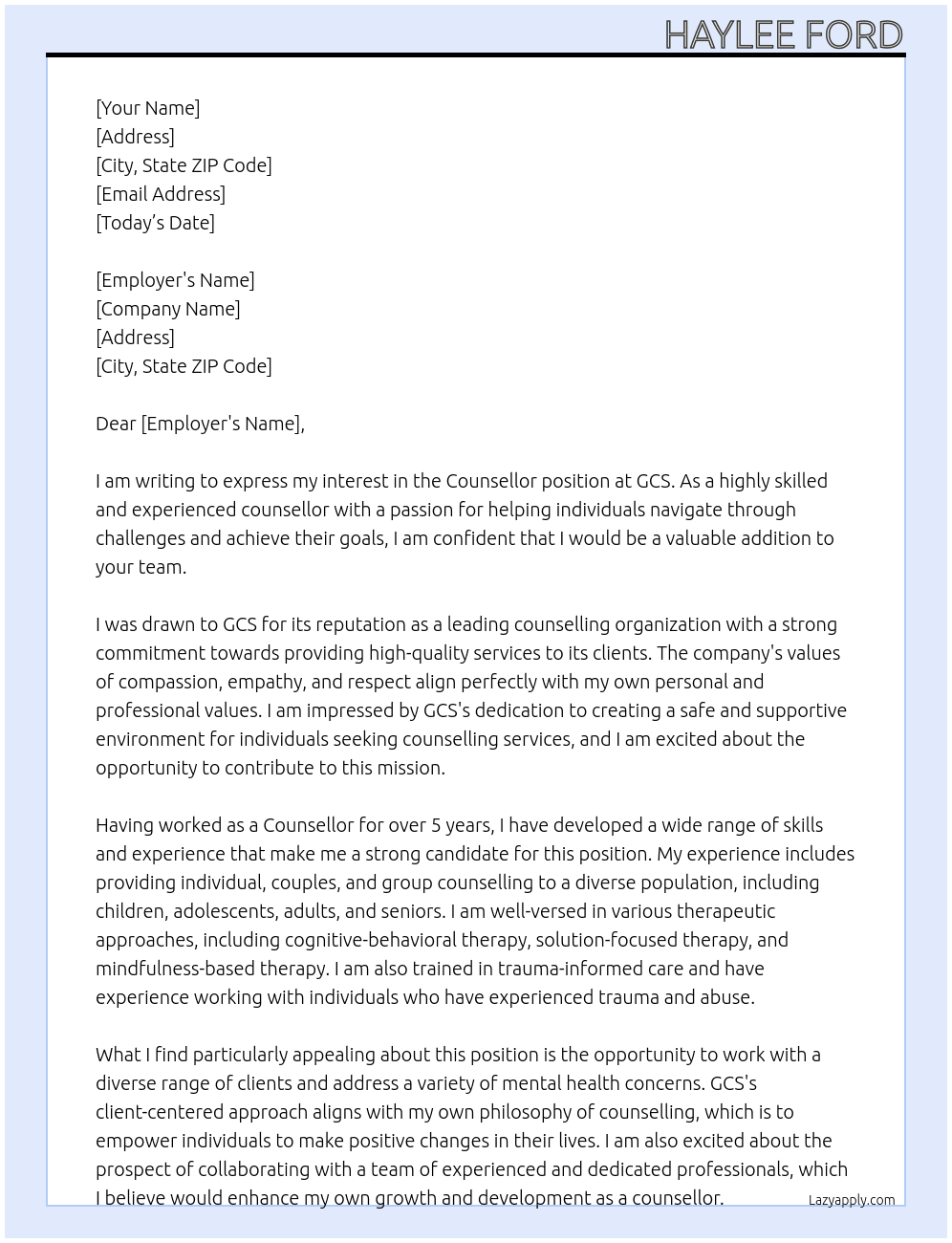 Counsellor At GCS Cover Letter