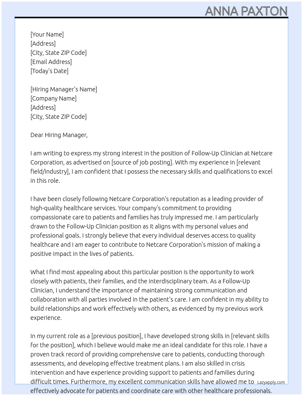 Follow-Up Clinician At Netcare Corporation Cover Letter