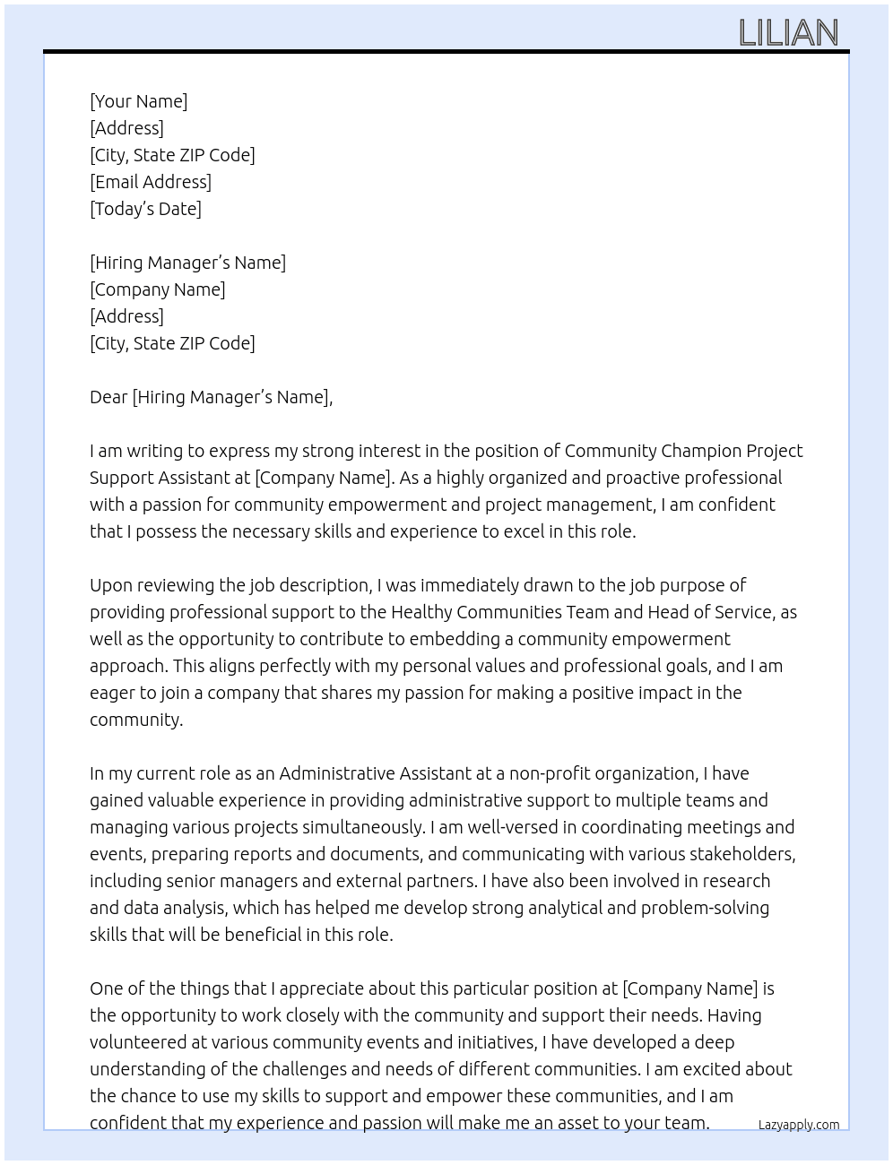 Cover letter for community champion project support assistant - LazyApply