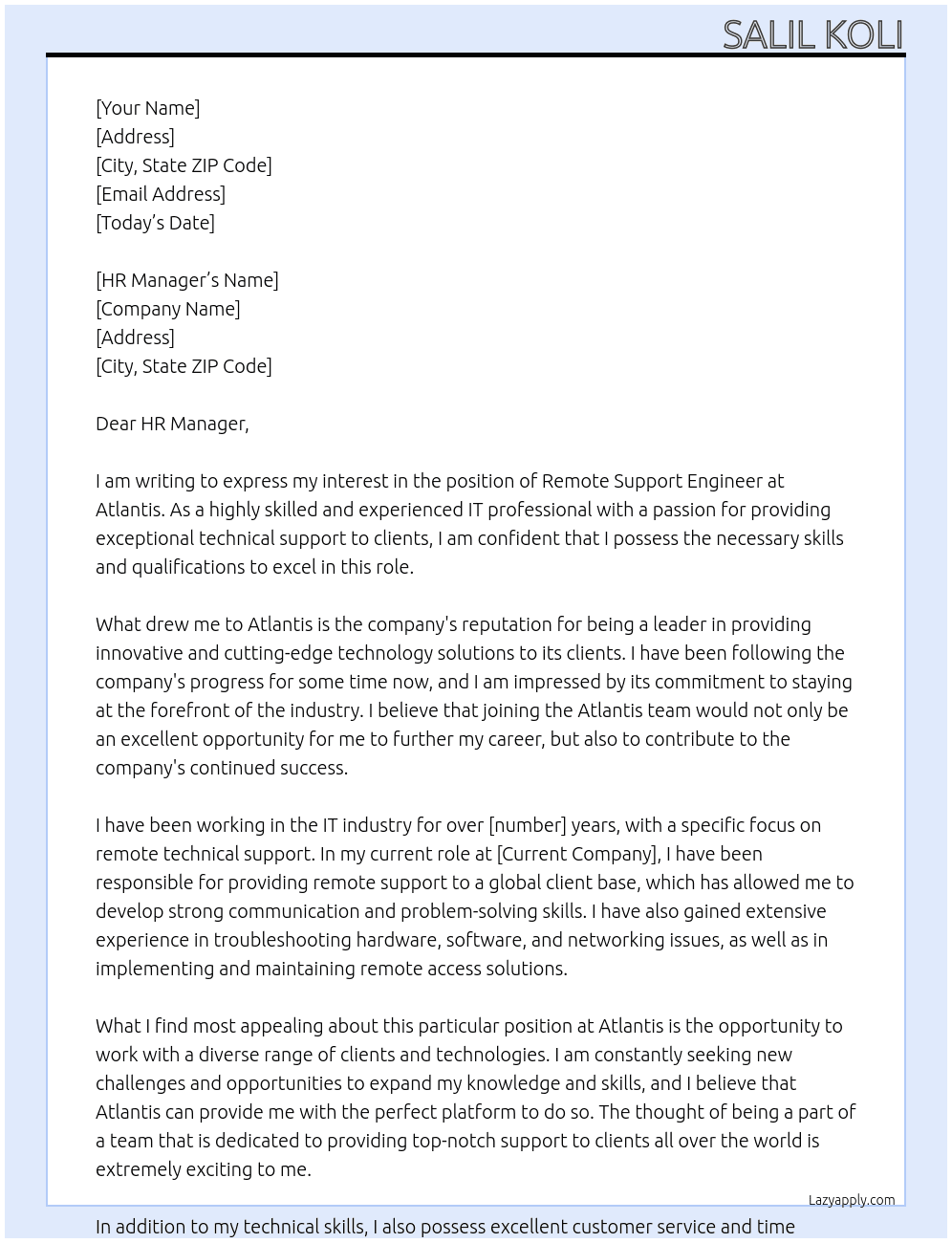 Remote Support Engineer At Atlantis Cover Letter