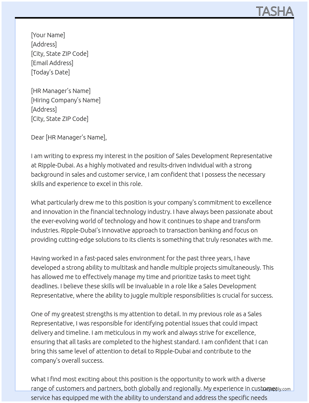 Sales development reprrsentative At Ripple-Dubai Cover Letter