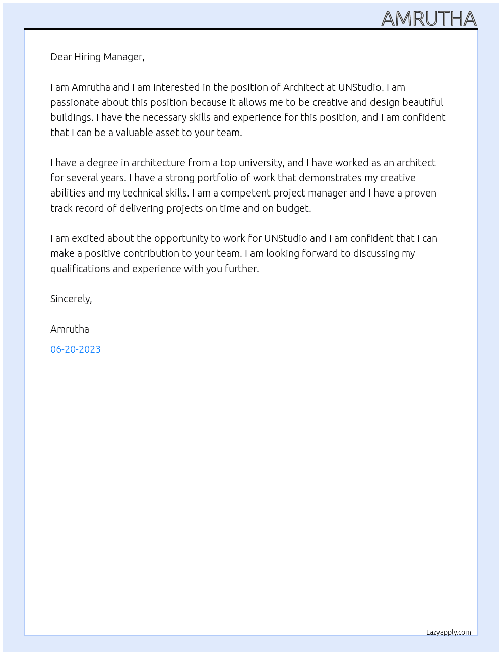 Architect At UNStudio Cover Letter