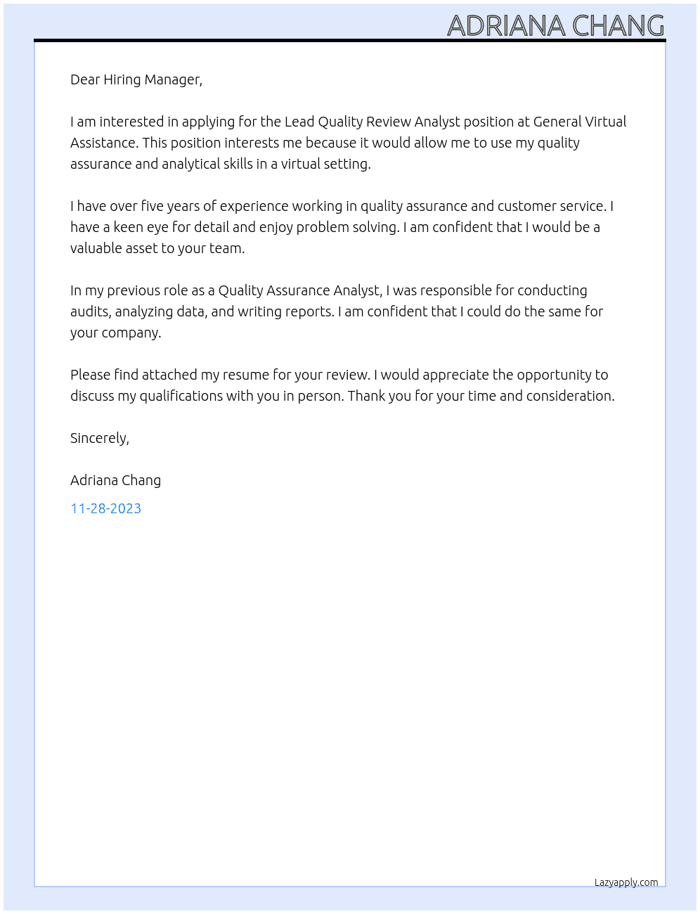 Lead Quality Review Analyst At general virtual assistance Cover Letter