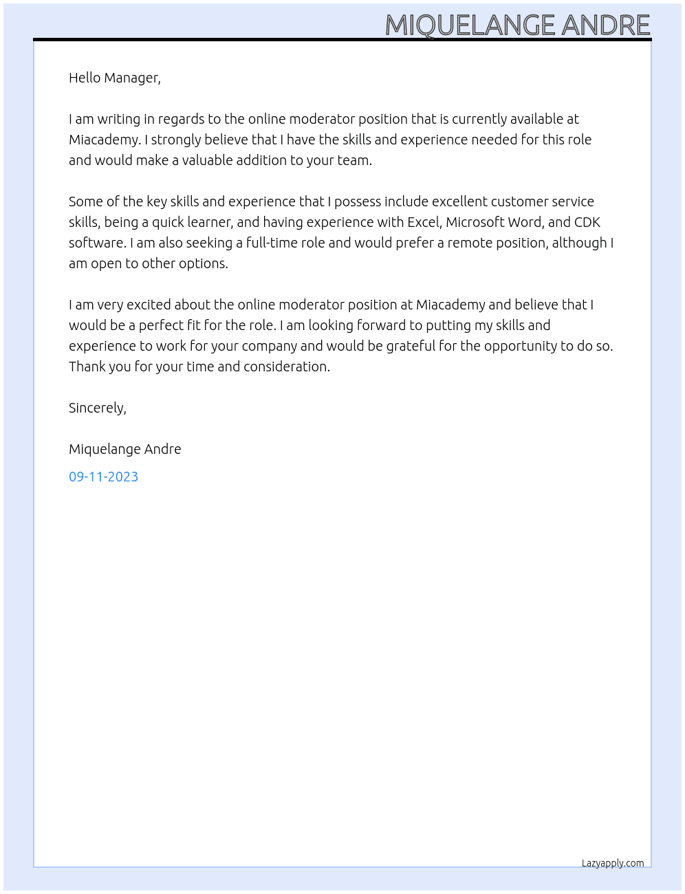 online moderator At Miacademy Cover Letter