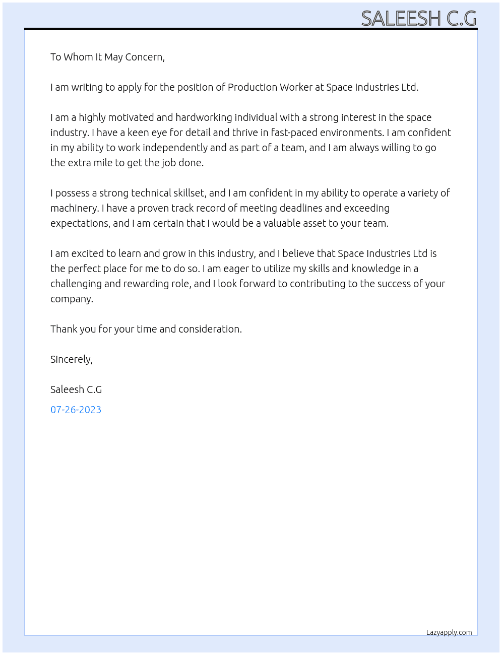 Production worker At Space Industries Ltd Cover Letter