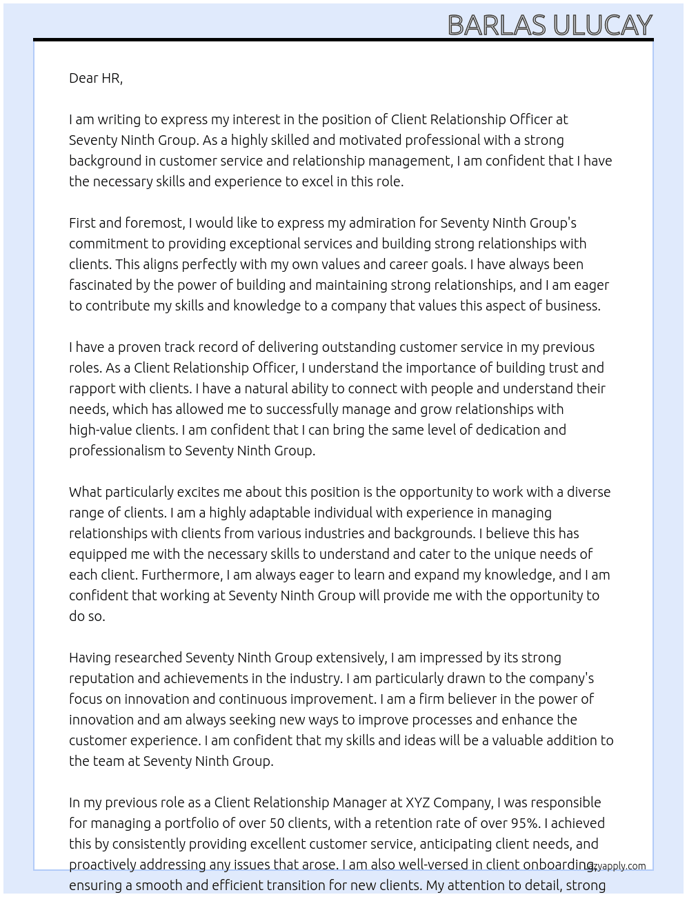Client Relationship Officer At Seventy Ninth Group  Cover Letter