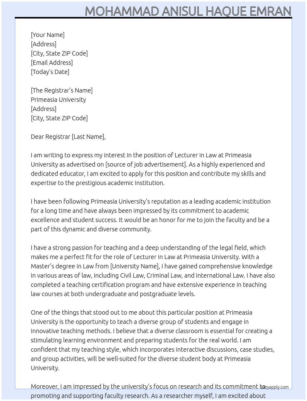 Lecturer in Law At Primeasia University Cover Letter