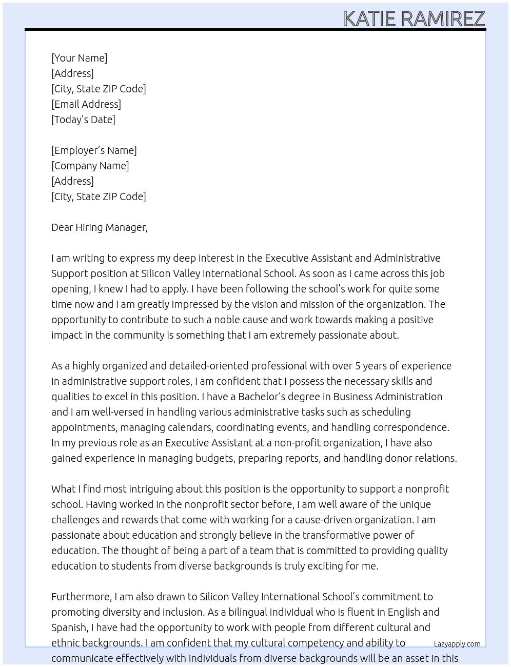 executive assistant and adminstrative support for nonprofit school At Silicon Valley International School Cover Letter