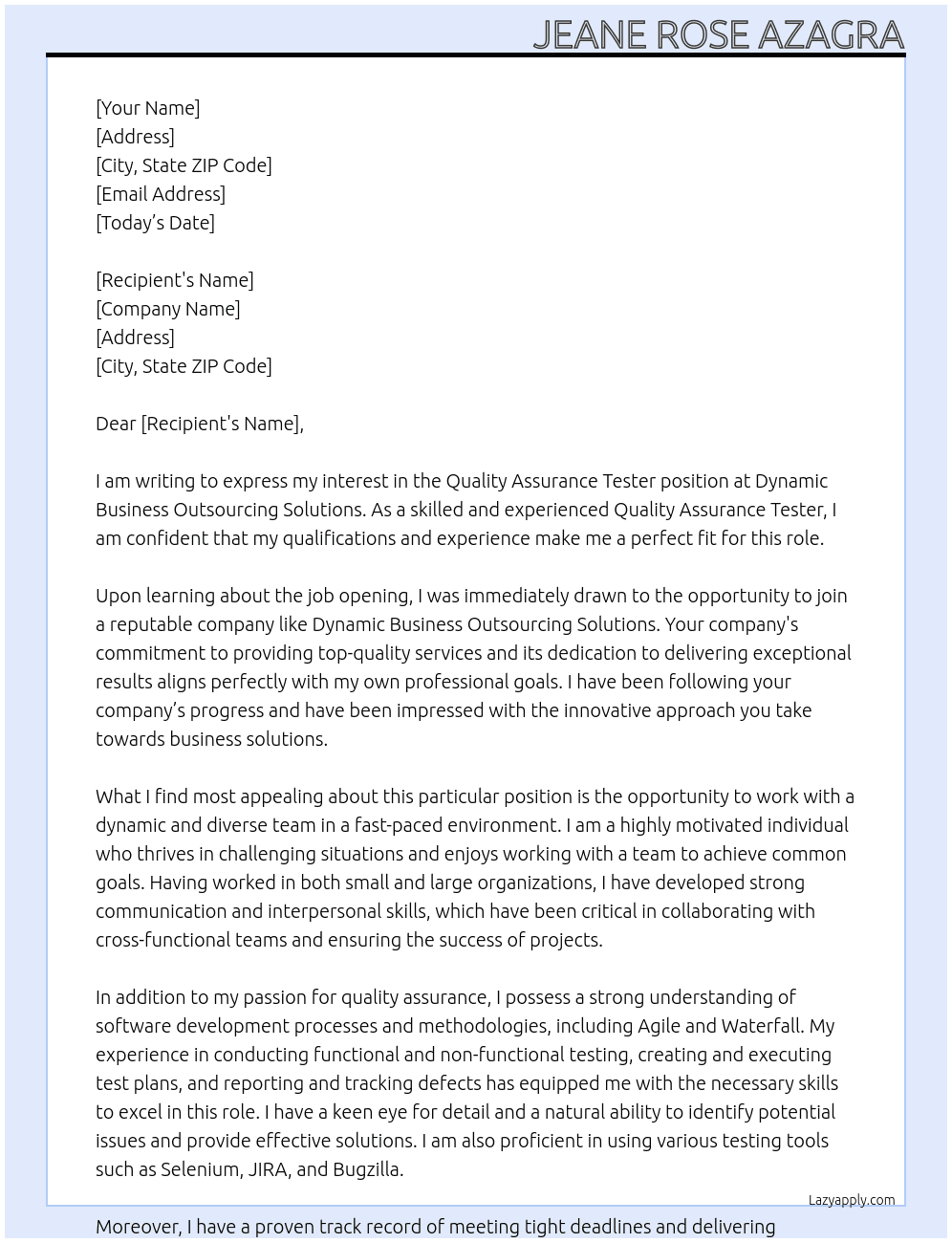 Quality Assurance Tester At Dynamic Business Outsourcing Solutions Cover Letter