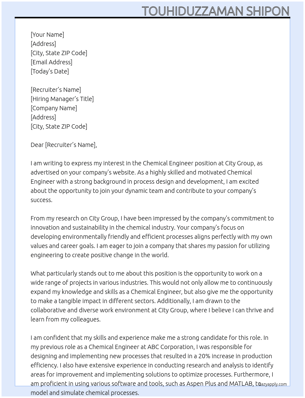 Chemical Engineer At City Group Cover Letter