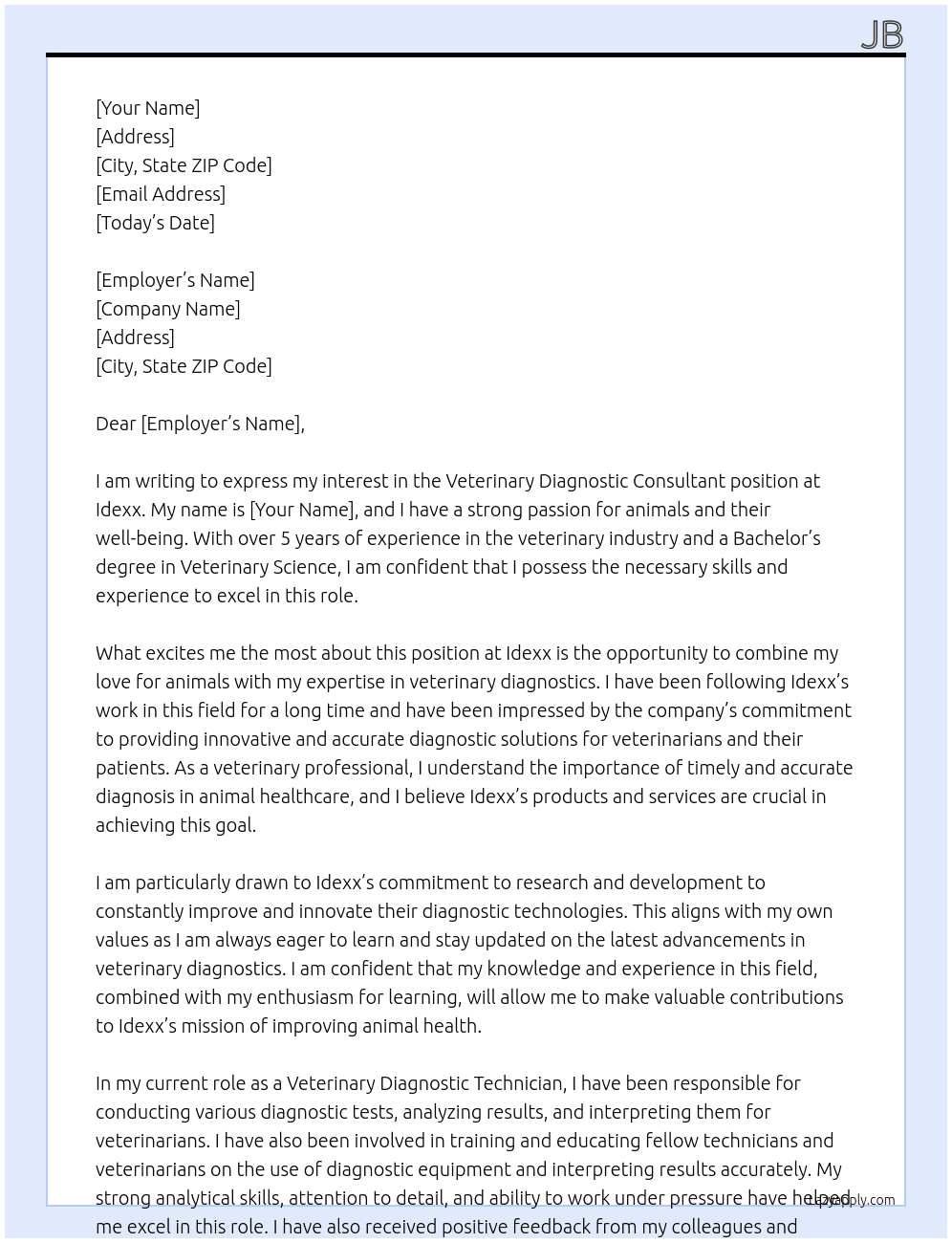Veterinary Diagnostic Consultant  At Idexx  Cover Letter