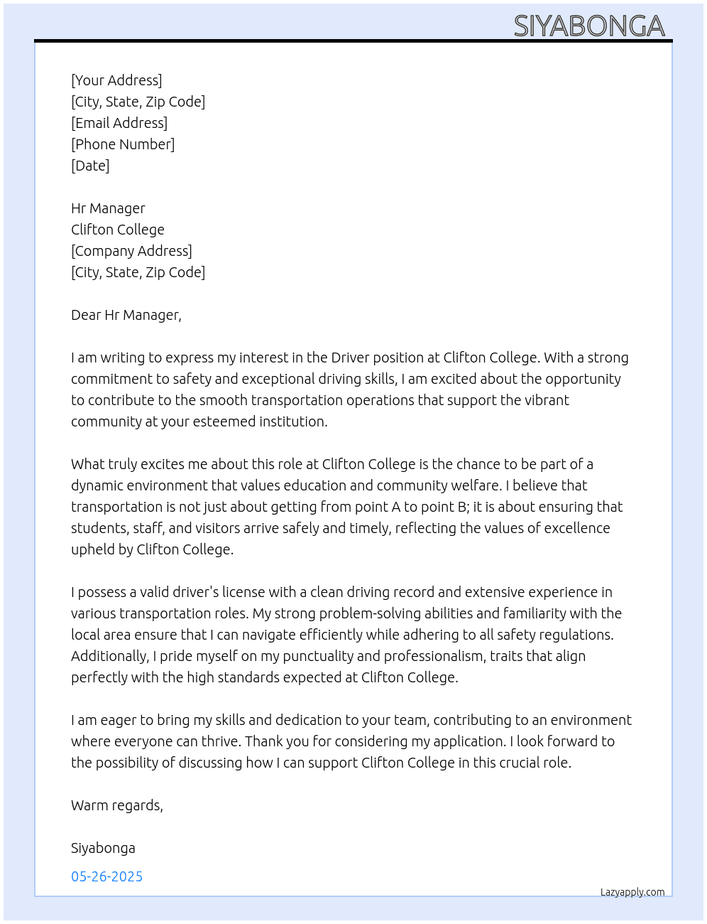 Driver  At Clifton College  Cover Letter