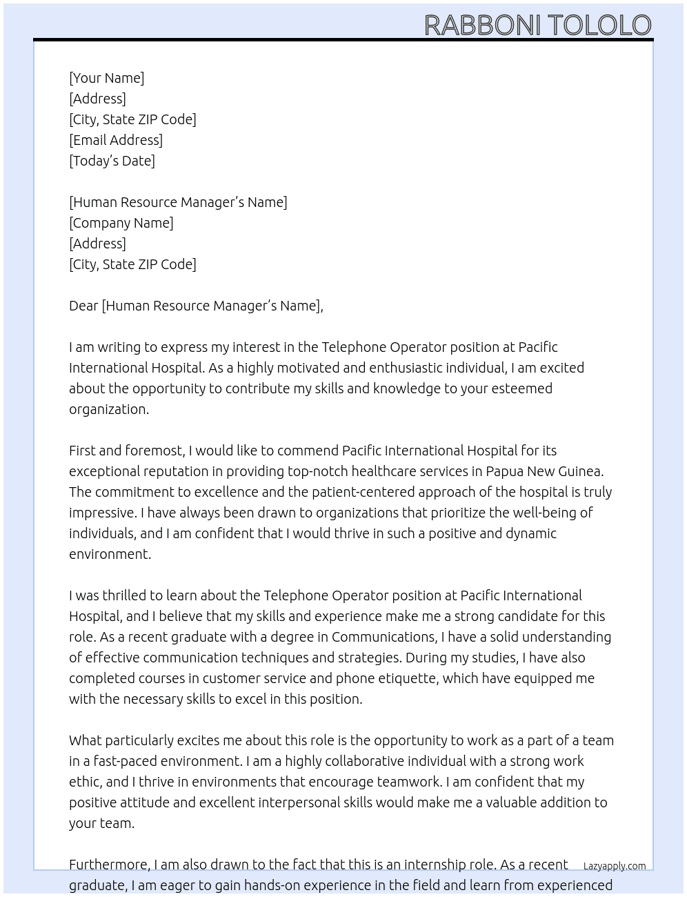 Telephone Operator At Pacific International Hospital Cover Letter