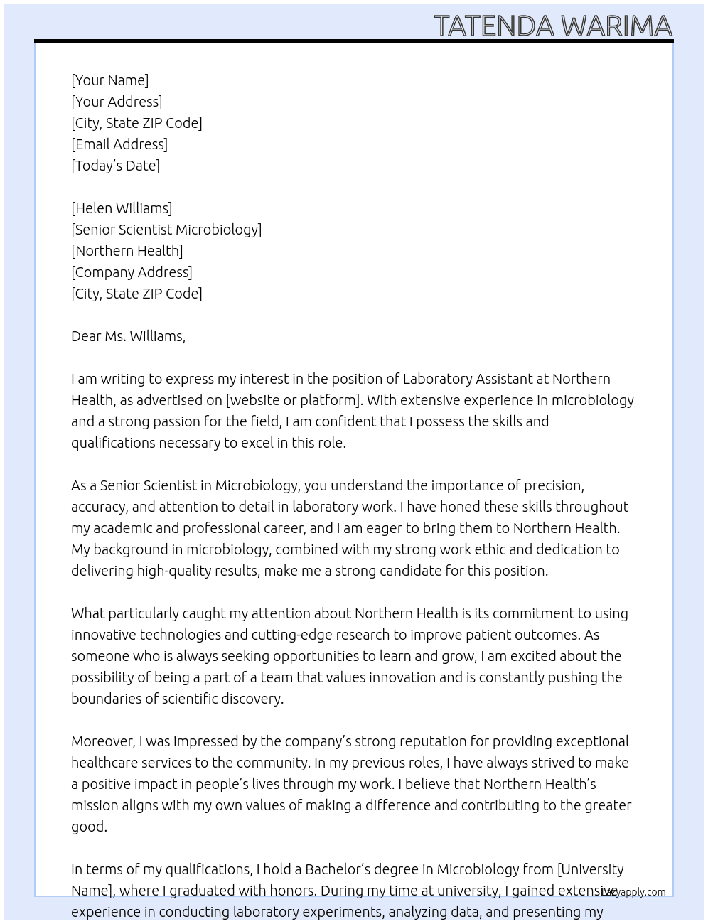 Laboratory Assistant At Northern Health Cover Letter