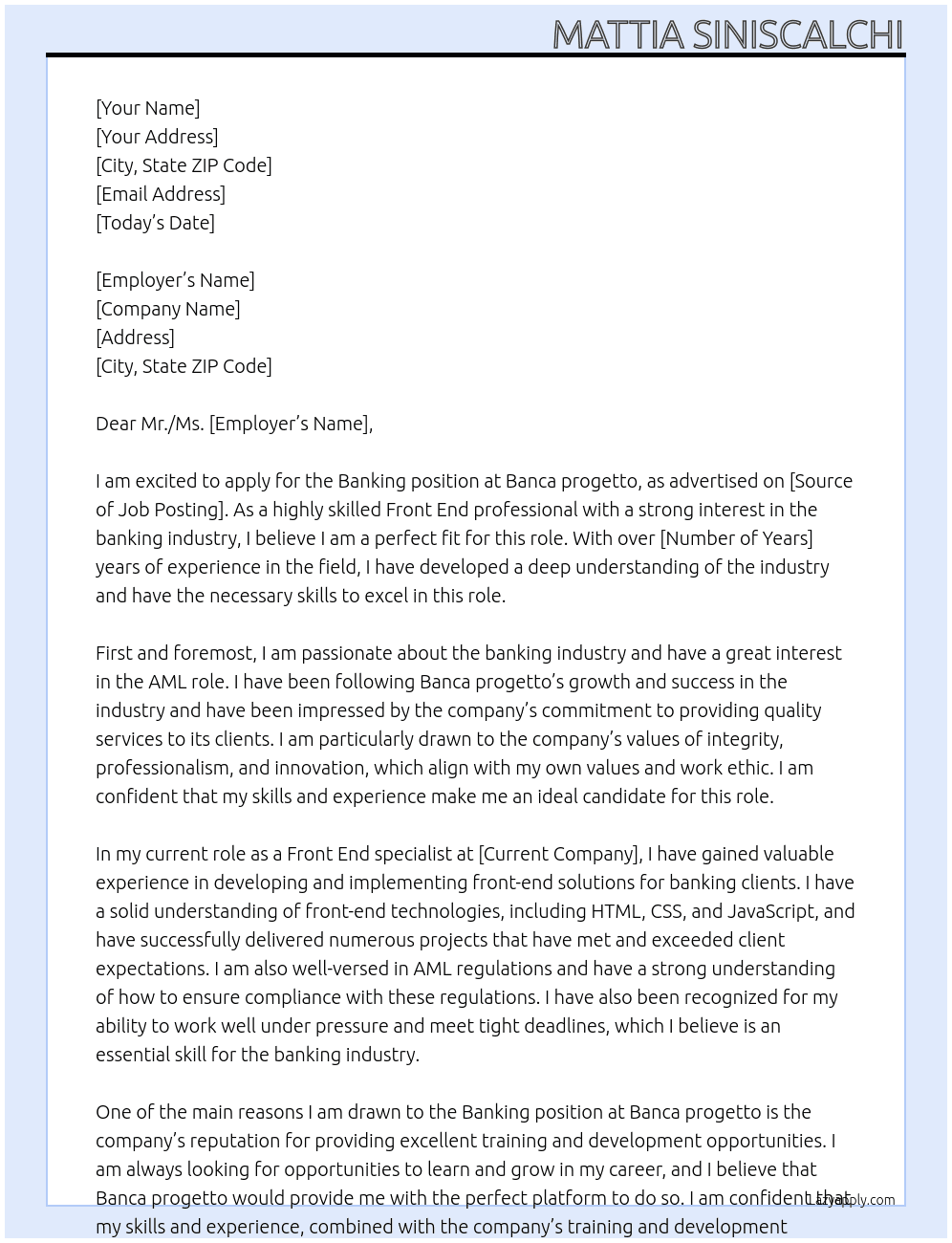 Banking At Banca progetto Cover Letter