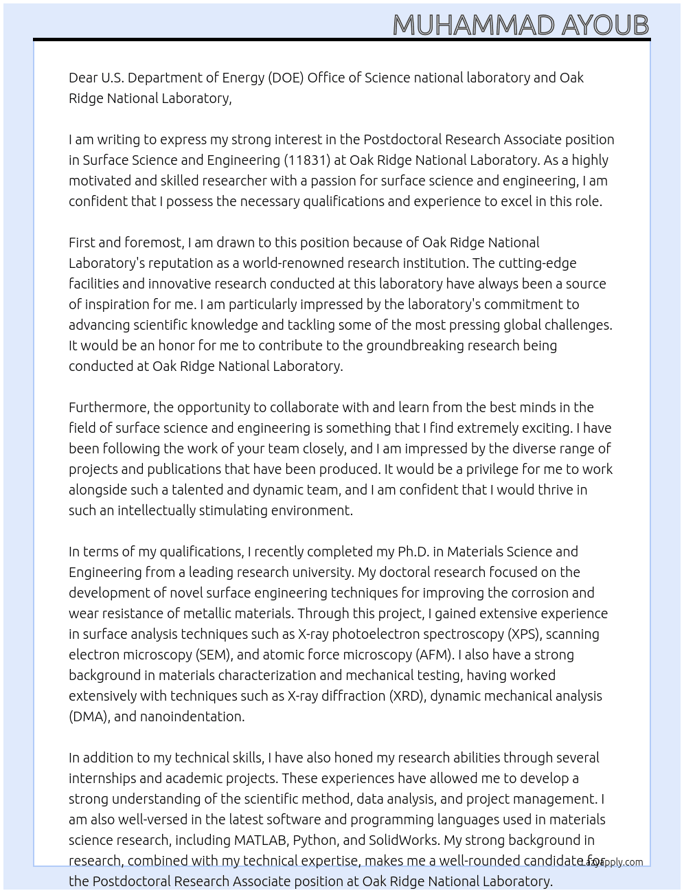 Postdoctoral Research Associate - Surface Science and Engineering (11831) At Oak Ridge National Laboratory Cover Letter