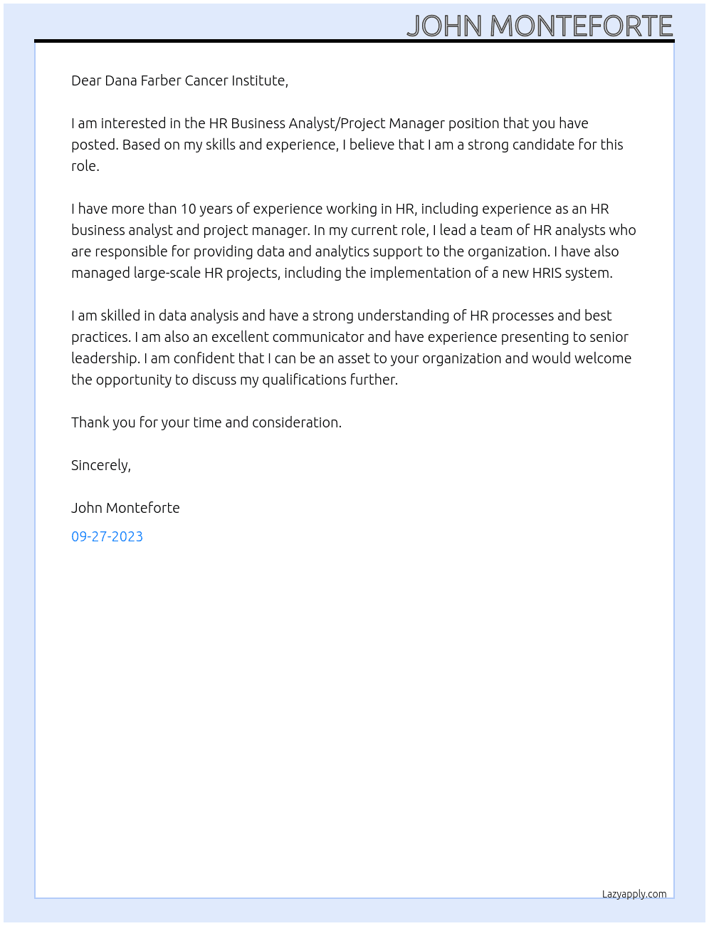 HR Business Analyst/ Project Manager At Dana Farber Cancer Institute Cover Letter