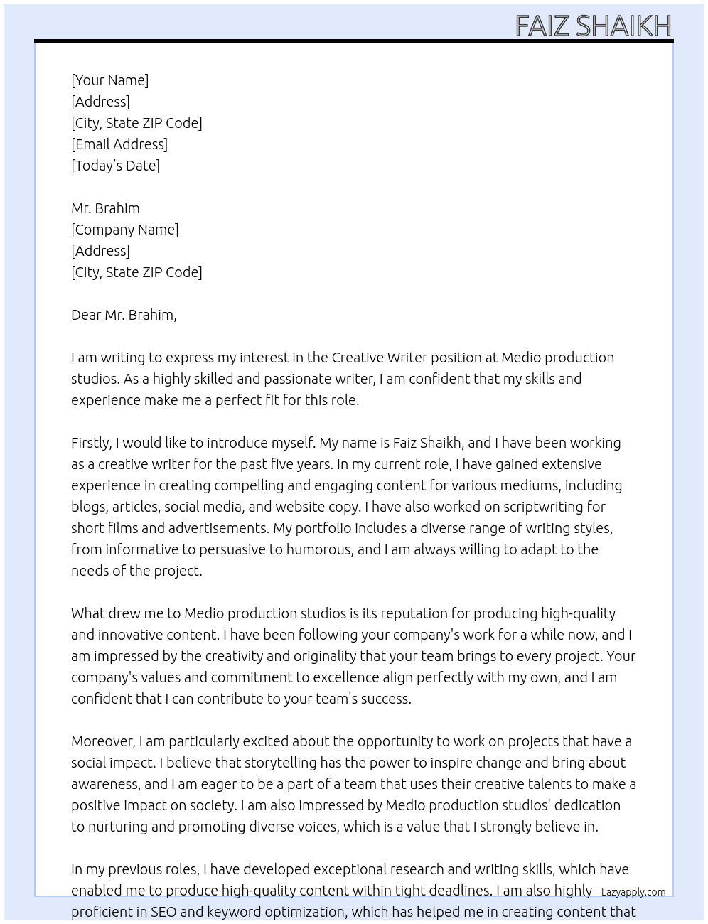 Creative Writer At Medio production studios Cover Letter