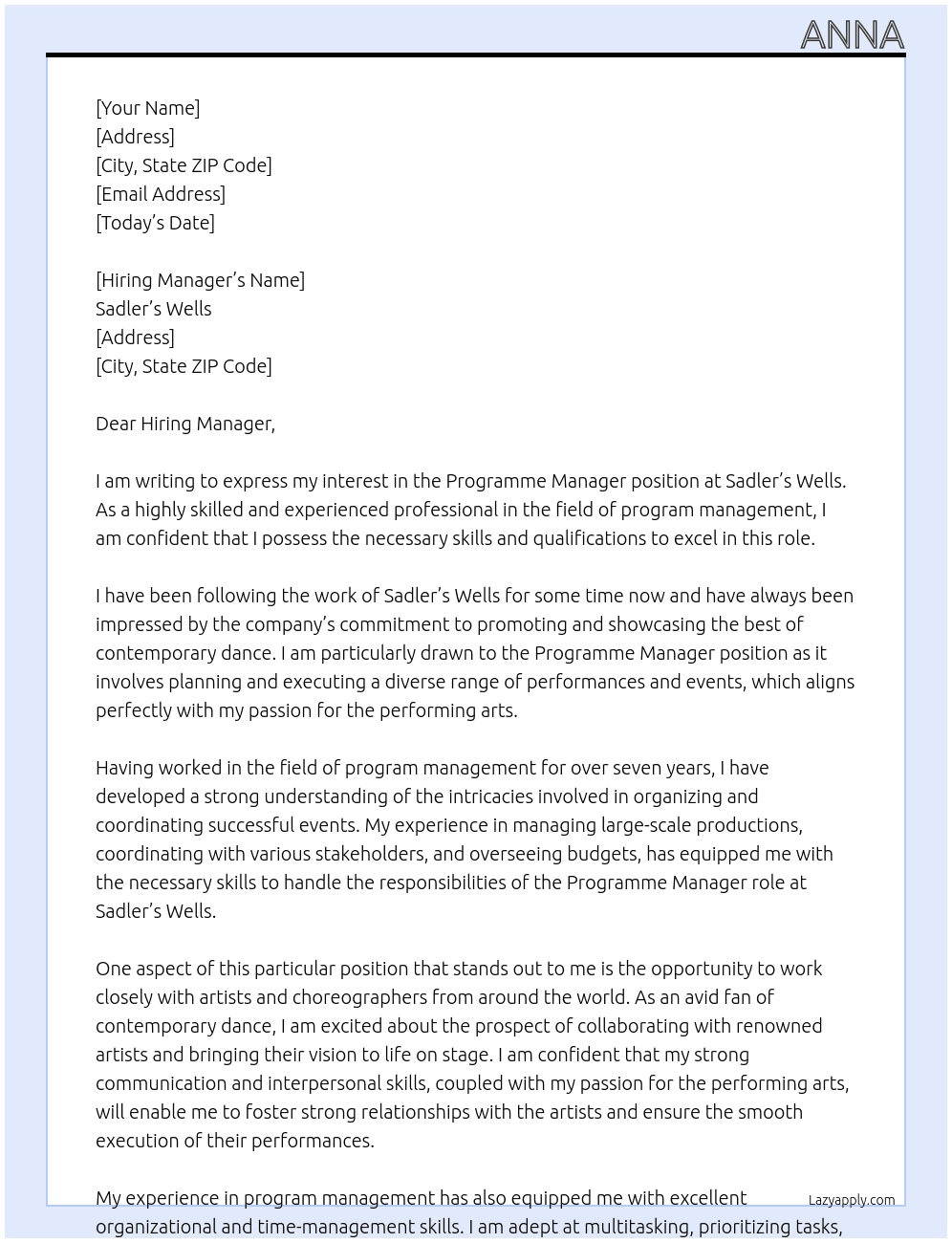 Programme Manager At Sadler's Wells Cover Letter