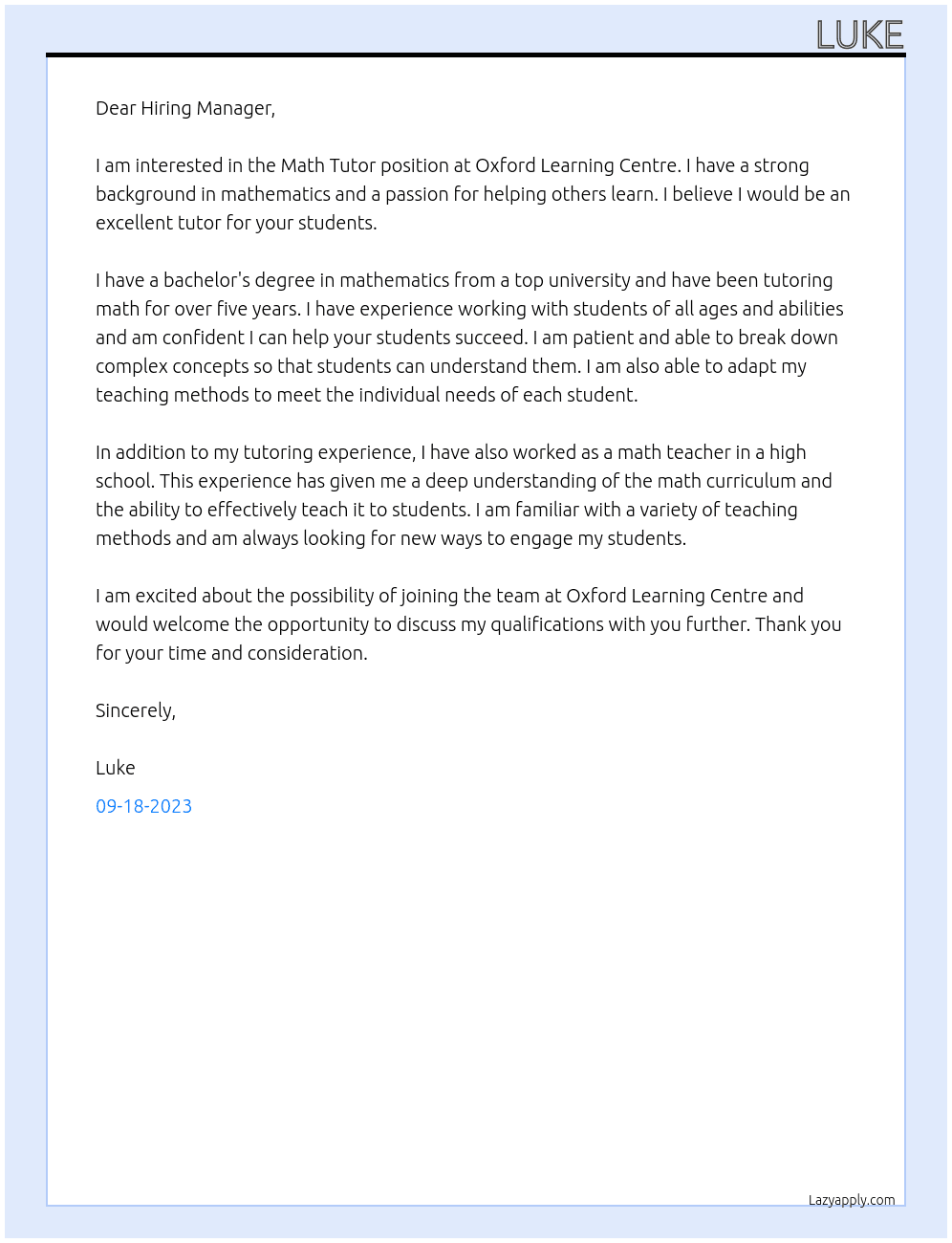 Math Tutor At Oxford Learning Centre Cover Letter