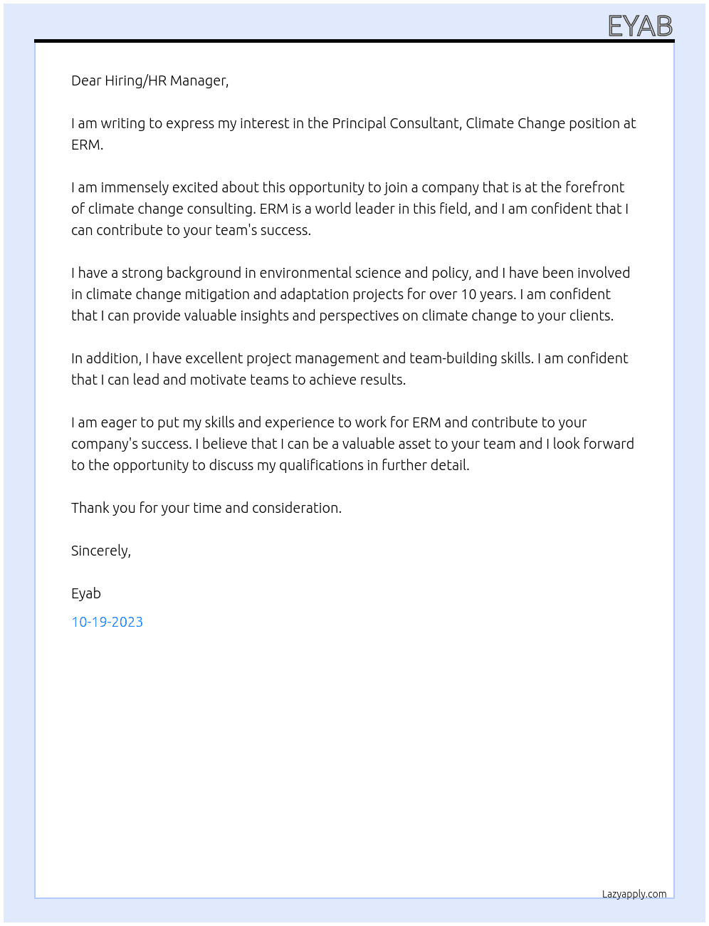 Principal Consultant, Climate Change At ERM Cover Letter