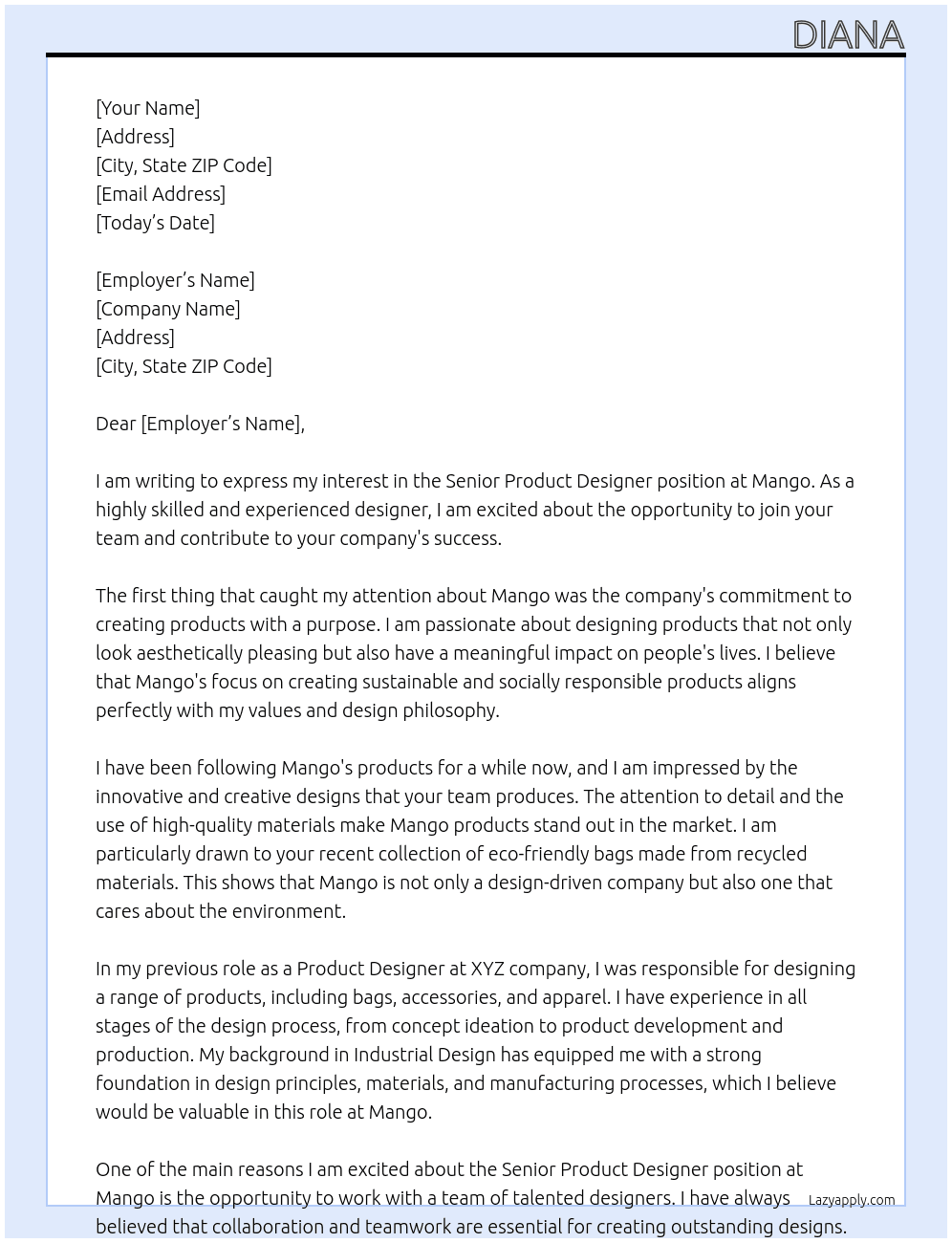 Senior Product Designer At Mango Cover Letter