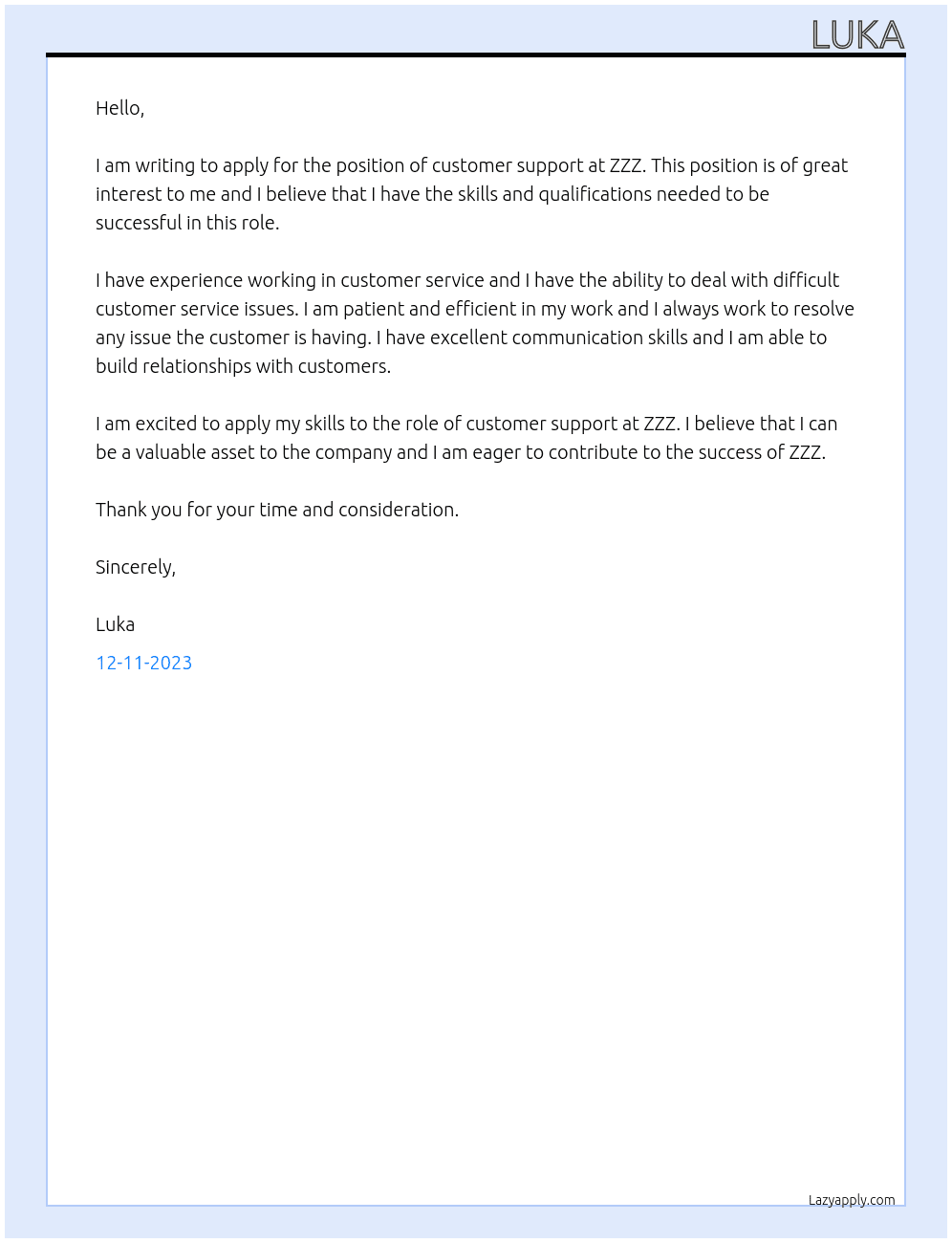 customer support At zzz Cover Letter