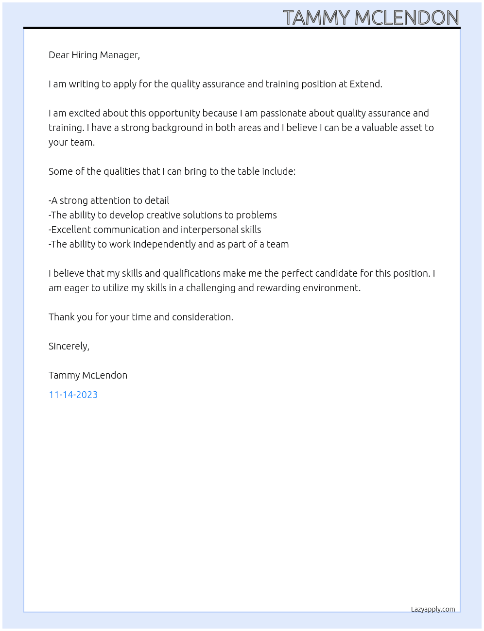 quality assurance and training At Extend Cover Letter