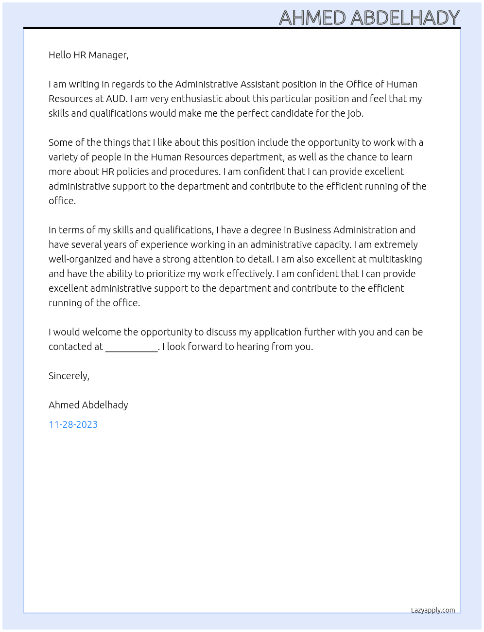 Administrative Assistant - Office of Human Resources At AUD Cover Letter