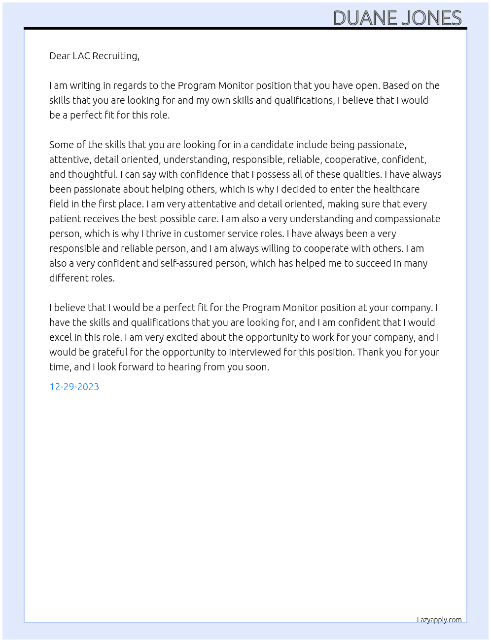 Program Monitor  At LAC  Cover Letter