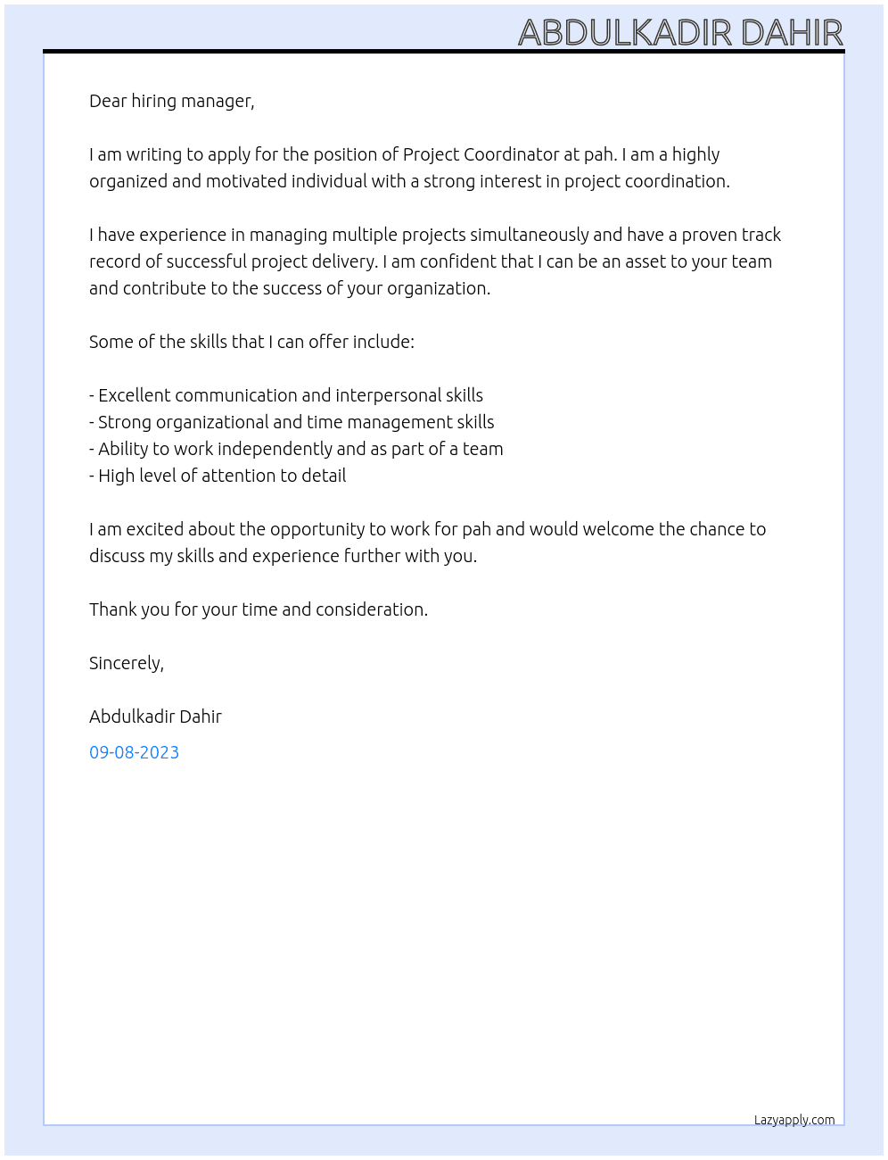   Project Coordinator At pah Cover Letter