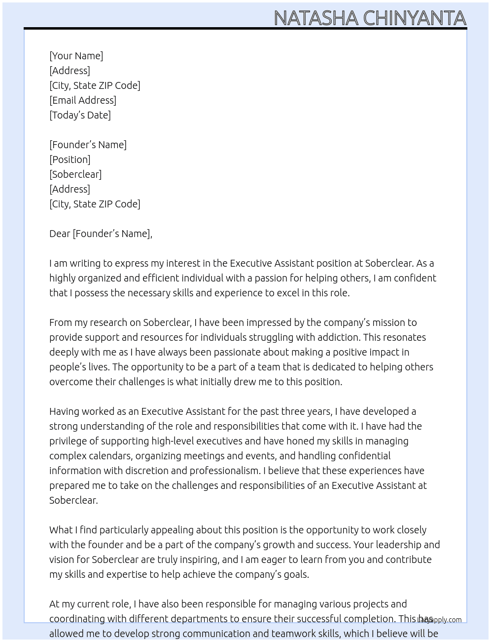 Executive Assistant At  Soberclear Cover Letter