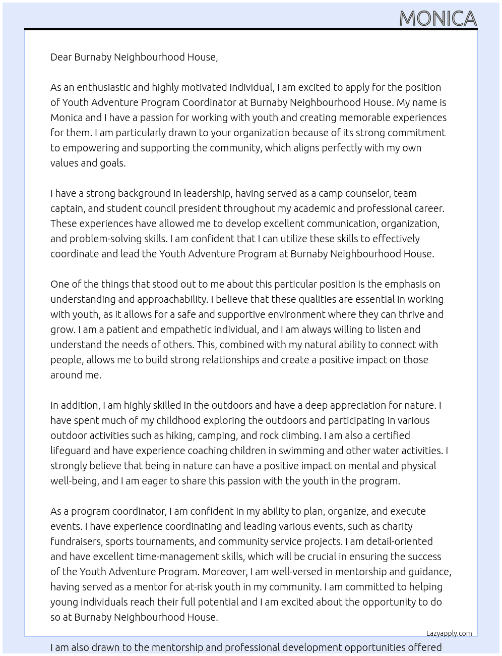 Youth Adventure Program Coordinator At Burnaby Neighbourhood House  Cover Letter