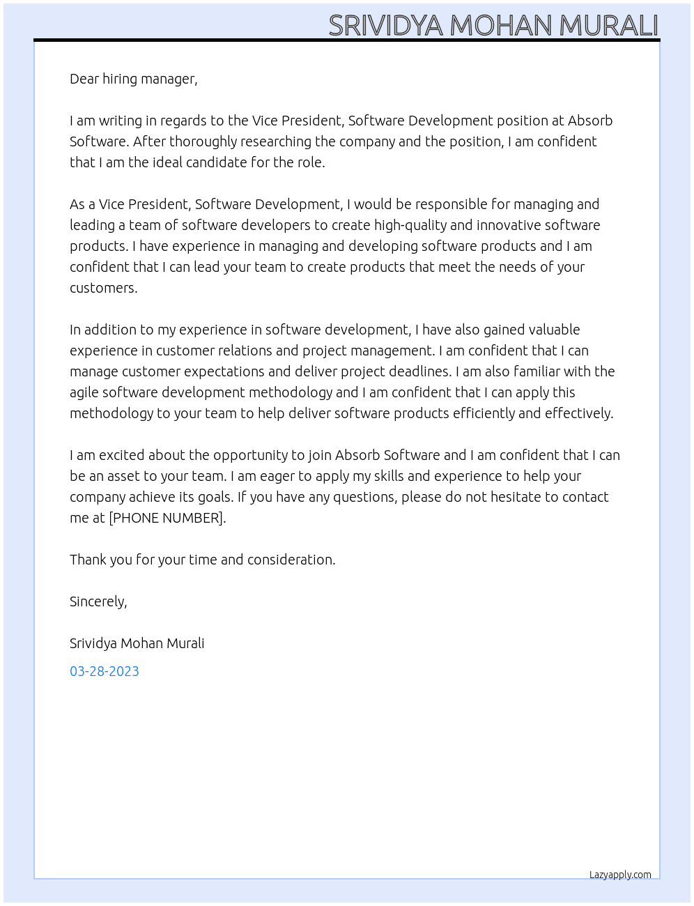 Vice President, Software Development At Absorb Software Cover Letter