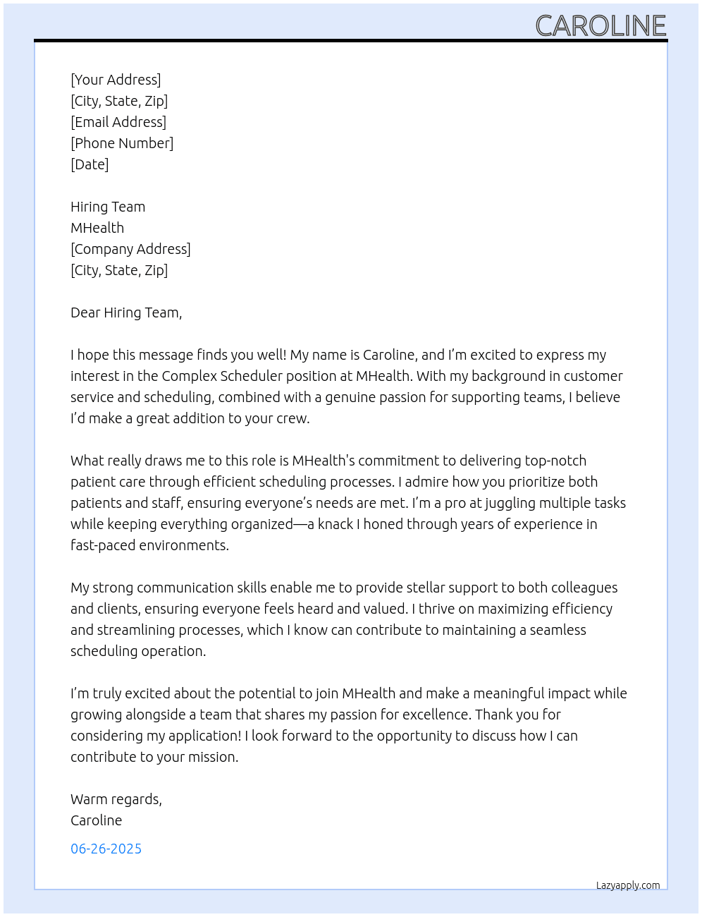 Complex Scheduler At MHealth Cover Letter