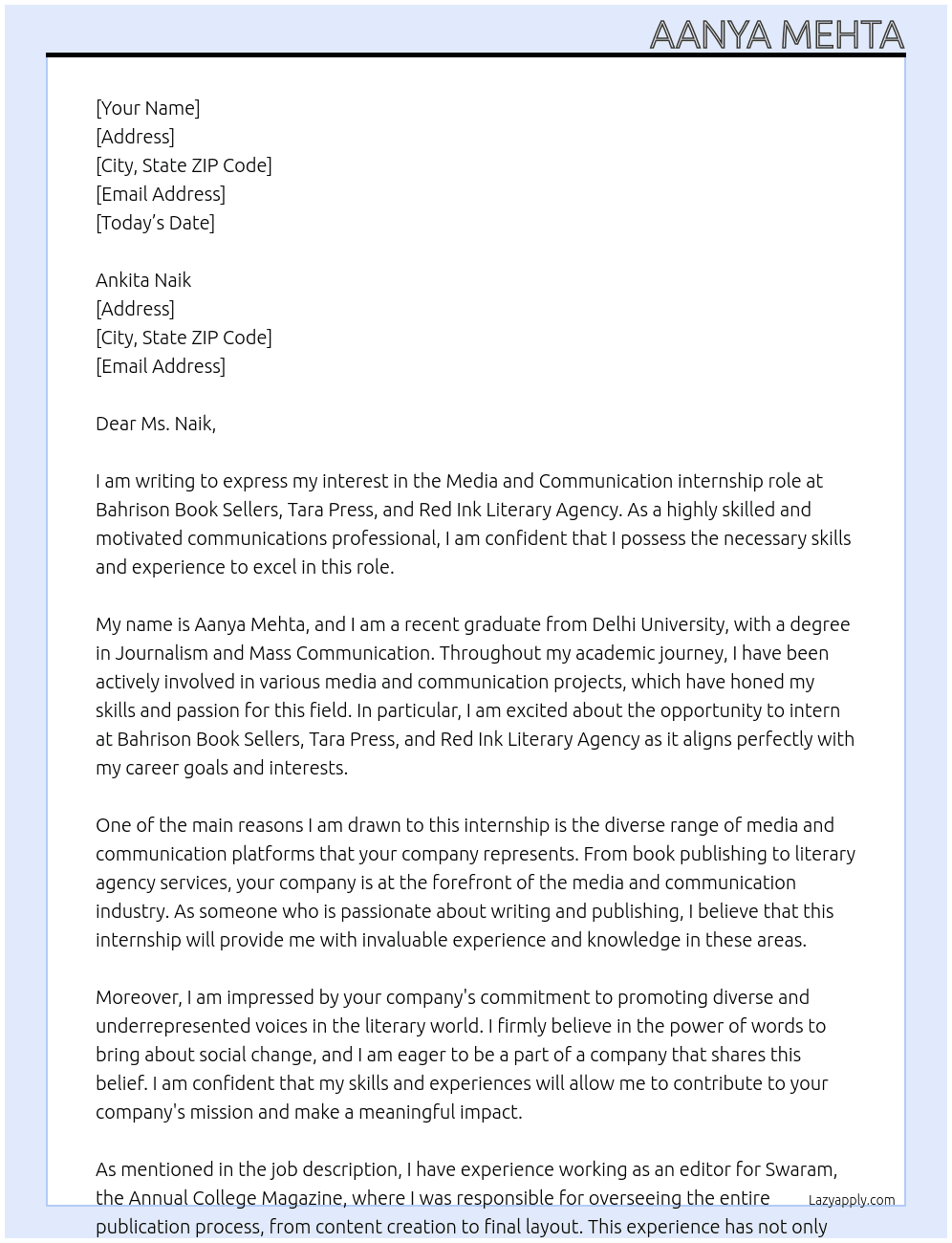 Media and Communication At bahrison Book sellers, tara press and red ink literary agency Cover Letter
