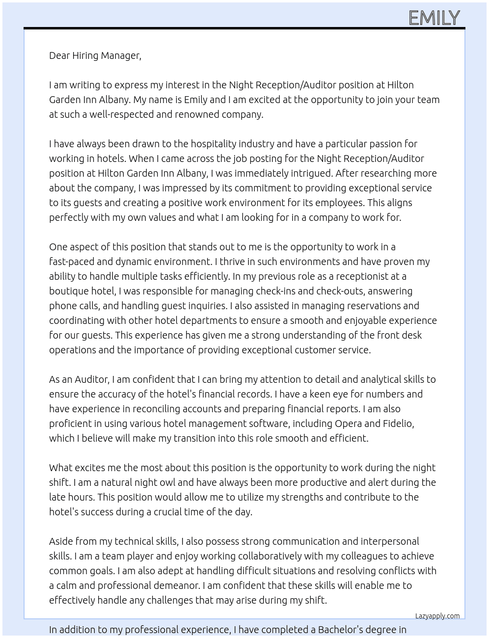 Night reception/Auditor At Hilton Garden Inn Albany Cover Letter