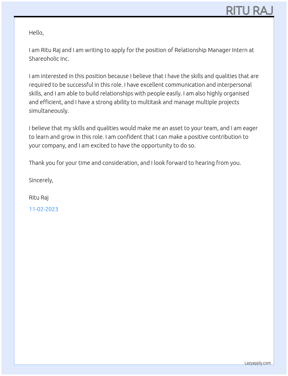 relationship manager intern At Shareohlics Inc Cover Letter