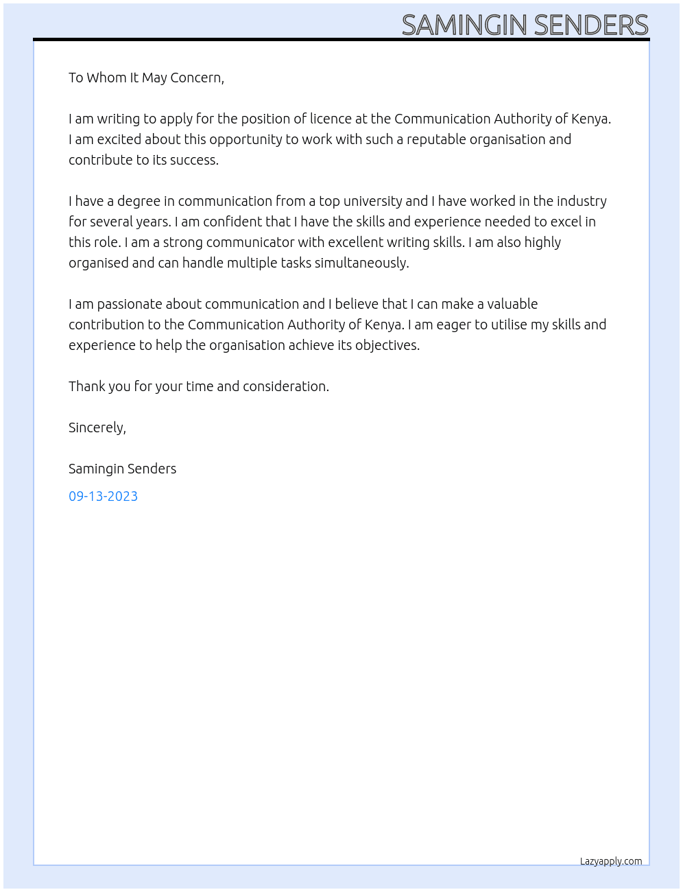 Application for licence At Samin Senders Cover Letter