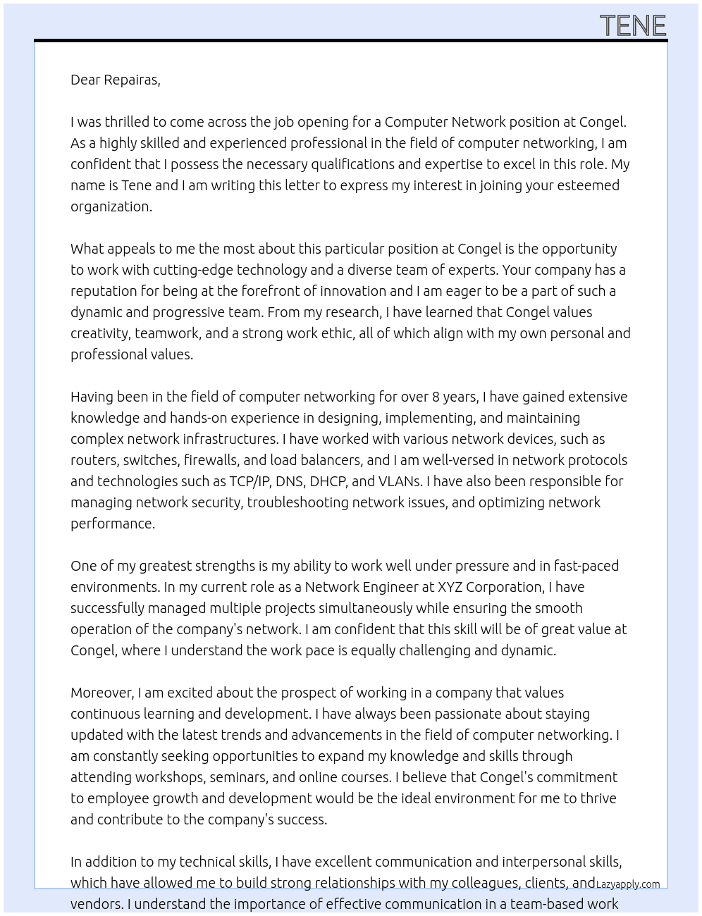 Computer network At Congel Cover Letter