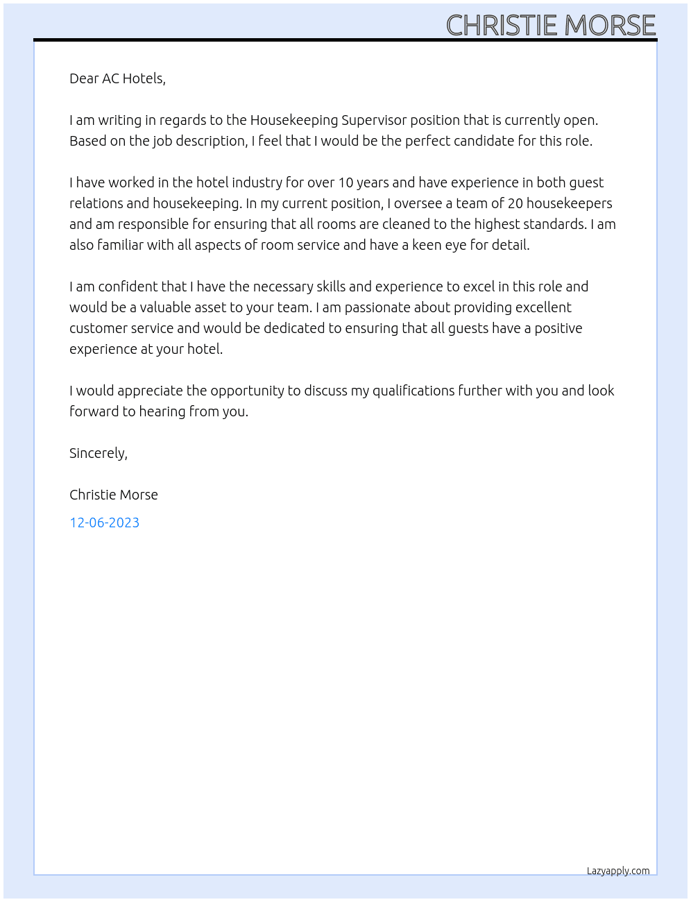 Housekeeping Supervisor  At AC Hotels Cover Letter