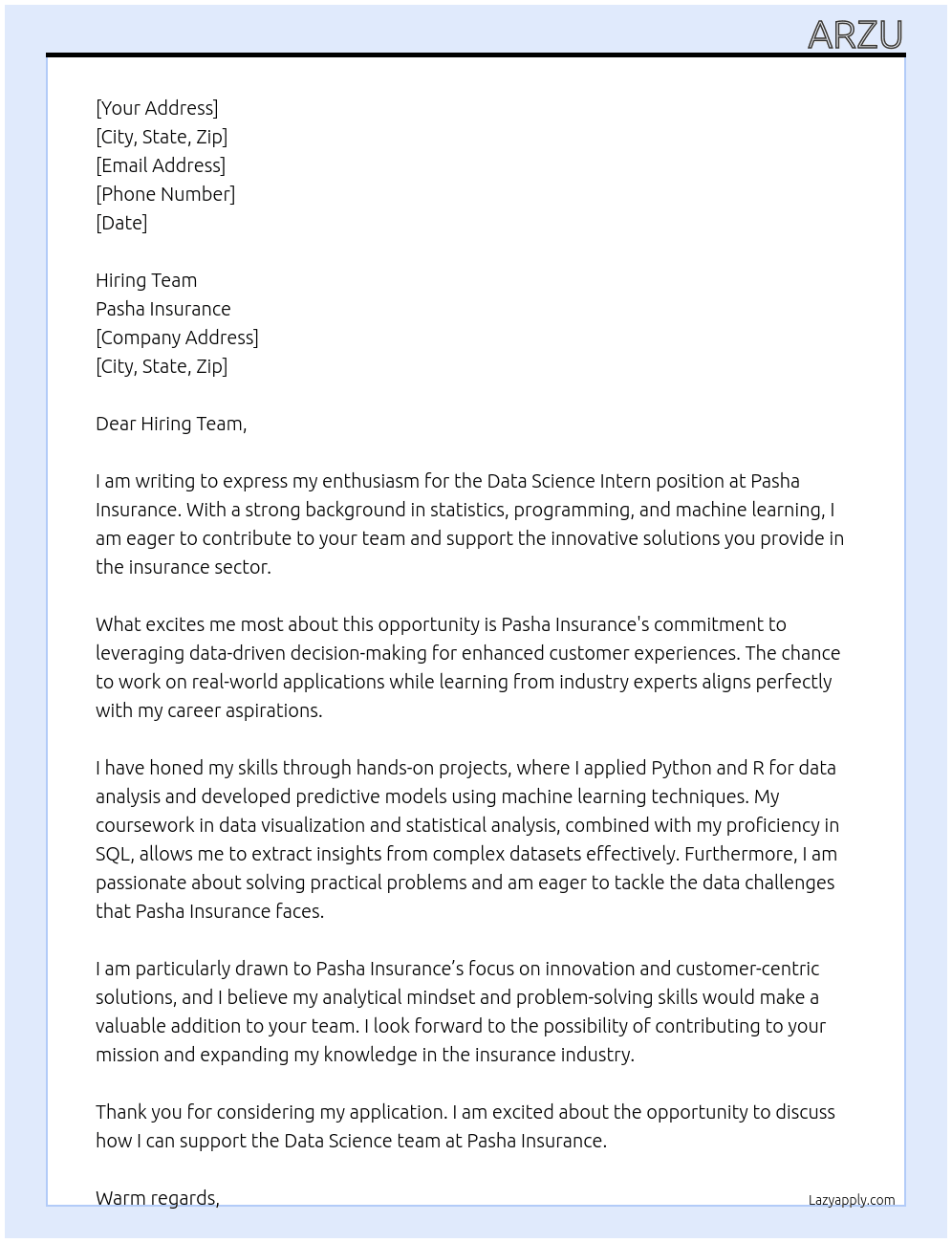 Cover letter for data science intern - LazyApply